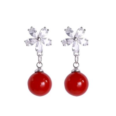 China Bride Environmental Friendly Jewelry Round Red Baroque Pearl Tassel Dangle Drop Earrings Crystal Zircon Flower Stud Earrings for sale