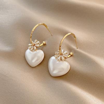 China Environmental Friendly Vintage Gold Plated Brass Circle Earrings Flower CZ Zircon White Pearl Heart Drop Earrings for sale