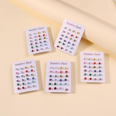 China Environmental Friendly Fashion Colorful Zircon Earring Set Stainless Steel Stud Earrings Geometric Heart Shaped Square Round Water Drop Stud Earrings for sale