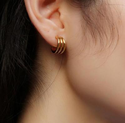 China Environmental Friendly Single Three Wires Circle Gold Plated Stainless Steel Hoop Earring Stainless Steel Cuffs Earring for sale