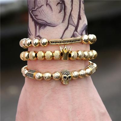 China 3Pcs/Set Environmental Luxury Men's Jewelry Copper Plated Gold Plated Bangle Bracelet Crown Crown Skull Adjustable Bangle Set for sale