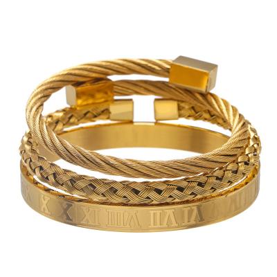 China TRENDY 3Pieves/Set Square Stainless Steel Gold Plated Bangle Set Roman Letter Woven Bangles Bracelet for sale