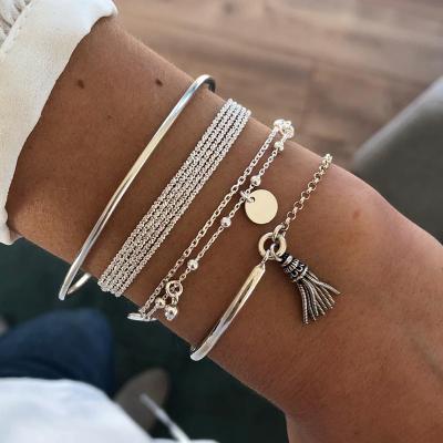 China 4Pcs/Set Boho Boho Tassel Chain Bracelet TRENDY Geometric Multilayer Bracelets Charm Party Wedding Beach Bracelet For Women for sale