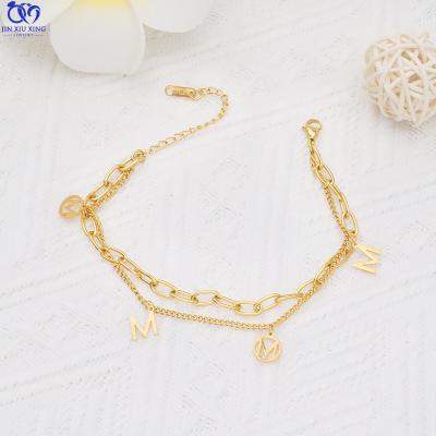 China JXX 5 Designs Stainless Steel Charm Bracelet Double Layer Gold Adjustable Size Pendant Thin Chain Bracelets Environmentally Friendly Letter M Long CP for sale