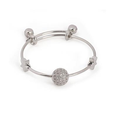 China Environmentally Friendly Wholesale JXX Bracelet Adjustable Push-Pull Silver Bangle Bells Pave Zircon Rotatable Ball Bead Women Girls Lucky Bangles for sale