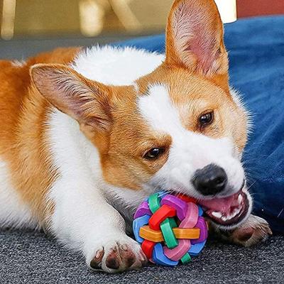 China Viable Colorful Bells TPR Armor Sound Insulation Puzzle Material Square Toys For Dogs Bells Weave Rubber Ring Dog Squeaky Ball Toy for sale