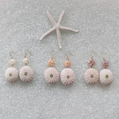 China Cute Handmade Sea Urchin with Pearl Earrings Beach Wedding Vacation Natural Shell Jewelry for sale