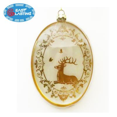 China Hand Painted Gold Foil Glitter Reindeer Christmas Tree Ornaments Flat Glass Ball Painting Decoration for sale