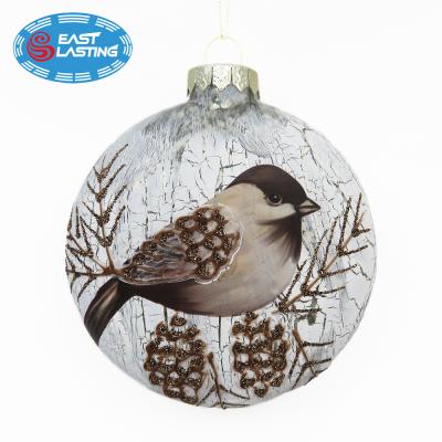 China Snow Crack White Surface Effect 4 Inch Round Christmas Glass Baubles For Christmas Tree Ornament for sale