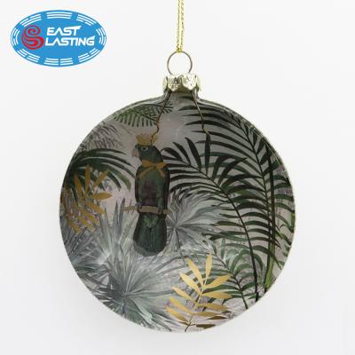 China Flat Christamas Tree Decoration Parrot and Palm Leaves Round Blown Glass Christmas Ornaments for sale