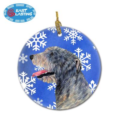 China Christamas Tree Decoration Pet Decal Round Flat Ceramic Hanging Ornaments For Christmas Decoration for sale