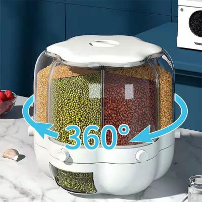 China Freshness Keeping Rice Dispenser 6 Compartments Grain Storage Container High Quality Plastic Rotating 360 Degree Rotating Dry Food Storage Box for sale