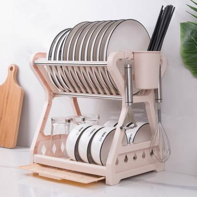 China Multifunctional Dish Bowl Drying Plastic Rack Kitchen Dish Drain Tray Box Basket With Chopstick 2 Layer Household Tableware Organizer for sale