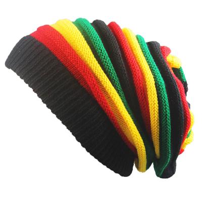 China COMMON Unisex Street Dance Winter Hat Stripe Colorful Wool Knitted Beanie Chunky Skull Cap Long Baggy Hiphop Slouch Girls Boys for sale