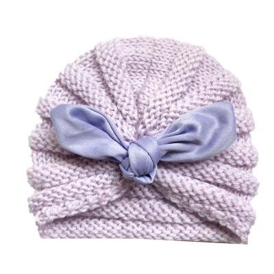 China COMMON Baby Kids Children Warm Autumn Winter Spring Woolen Crochet Turban Beanies With Bow Ribbon Skull Hat With Lining for sale