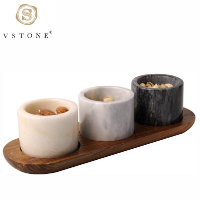 China Disposable Marble 3pcs Snack Serving Set and Mini Bowl With Wood Base Acacia/Marble Wooden Serving Tray for sale