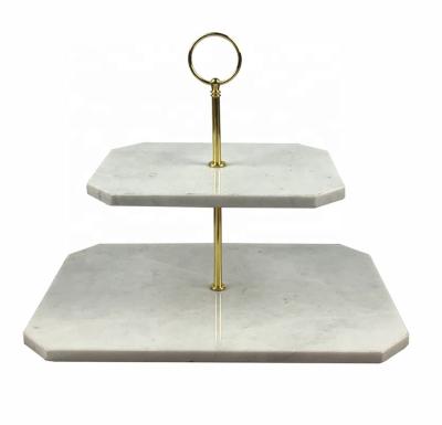 China White Marble Rectangle Two Tiers Of Sustainable Natural Stone Serving Tray Cake Stand With Metal Handle For Home Party for sale