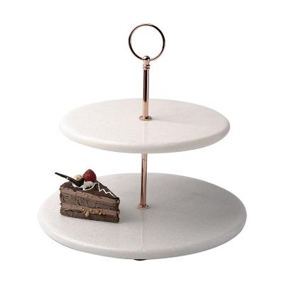 China Viable natural stone white marble round two tier cake stand with metal stand for dining room or wedding for sale