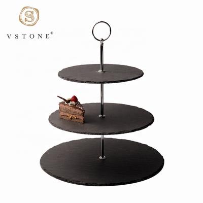 China Sustainable Natural Stone Three Tiers Round Slate Cake Stand With Metal Rack for sale