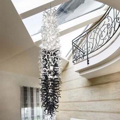 China Modern Hotel villa staircase decoration large black and white glass chihuly chandelier custom handdown glass pendant light for sale