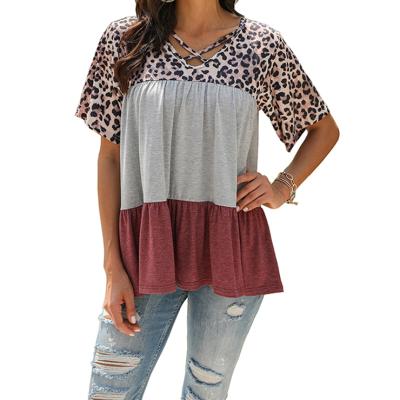 China 2022 Casual Patchwork QUICK DRY Short Sleeve Leopard Tee For Women Daily Tops for sale