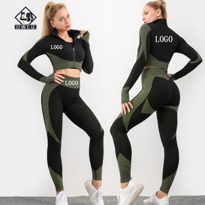 China OWEQ Breathable Logo Women Custom Seamless 2 Piece Crop Tops Yoga Wear And Leggings Workout Set With Zipper for sale