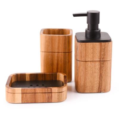 China Sustainable Bathroom Accessories Set Bamboo Soap Dish Hand Sanitizer Container Toothbrush Cup for sale