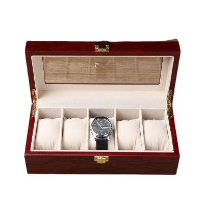 China Sustainable Luxury Mahogany Wood Grain 6 Slot Wooden Watch Box Logo Glossy Density Fiberboard Piano Custom Lacquer Wooden Watch Display Box for sale