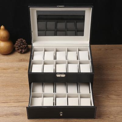 China Custom Viable Hot Selling Double Layer 24 Digits PU Leather Watch Storage Display Case Watch Collection Box for sale