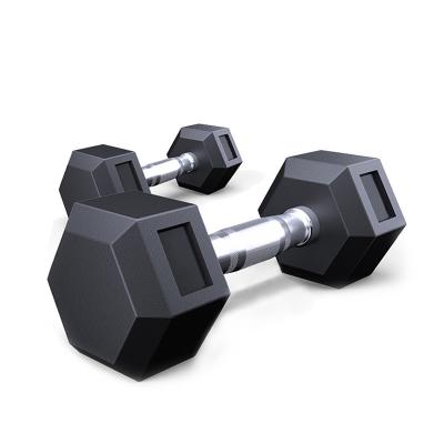 China Hot Selling Hex Rubber Covered Dumbbell Gym Rubber Dumbbell Gym Bodybuilding Equipment Fixed Black Hex Dumbbells for sale