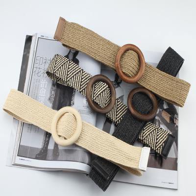 China European country style new and American woven belt grain female wooden round buckle rural style pp grass woven belt for sale