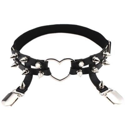 China Black leather bridle PU sling factory direct sale love nail decoration garter belt leg thigh buckle heart pointed punk seatbelt retro for sale