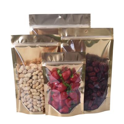 China Front Window Gold Stand Up Moisture Proof Clear Ziplock Bag With Hanging Hole For Dried Fruit for sale