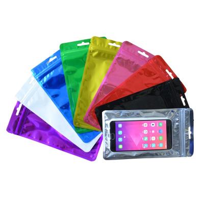 China Colorful Glossy Moistureproof Aluminum Punch Hole Zipper Lock Phone Case Cable Electronics Packaging Bag With Clear Front for sale