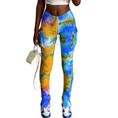 China Fashion Tie Dye QUICK DRY Pleat Women Leisure High Elasticity Knitting Long Pants Women Split Slim Bottoms for sale