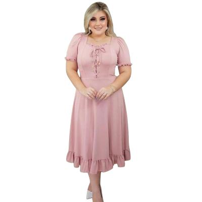 China Anti-Static Ruffle Midi Dress Plus Size For Women Elegant Sweet Cool Bow Bandage Ladies Plus Size Dresses for sale