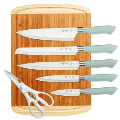 China 2023 Viable Kitchen Knife Set For Promotional Advertising Chef Knives Set With Ergonomic Cutting Board Shears Rice Husk Handle for sale