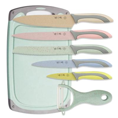 China Hot Selling Viable 7 Piece Multi Color Kitchen Knife Set With Soft Chef Knives Peeler Cutting Board Resin Blade Handle Set for sale