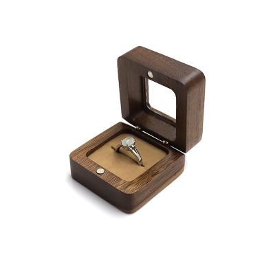 China Custom OEM LOGO Ring Acrylic Jewelry Box Wholesale Black Walnut Flannel Ring Box Badge Box Square Luxury Wooden Log Pairs for sale