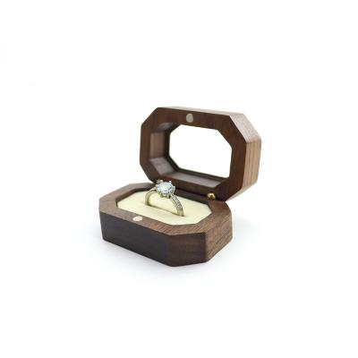 China Wood Wooden Ring Box Magnetic Proposal Walnut Flannel Striping Box For Engagement Wedding Ceremony Anniversary Gift Wooden Jewelry Boxes for sale