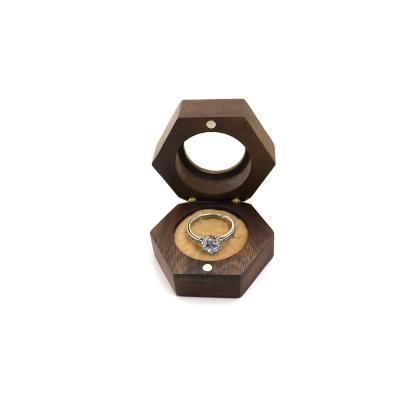 China Retro Copper Ring Box Flannel Material Lining Wooden Ring Gift Hexagonal Window Jewelry Storage Box High-end Cosmetic Wooden Glass Box for sale