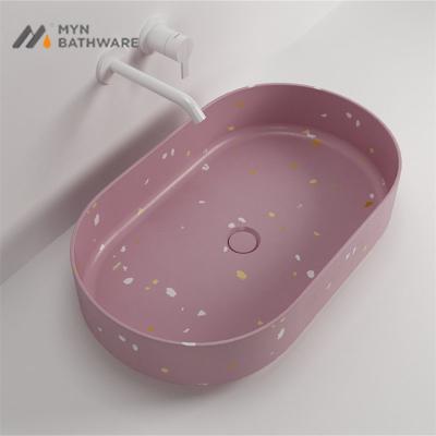 China Unique Custom Colored Hand Wash New Design Bathroom Terrazzo Furniture Look Oval Basin for sale