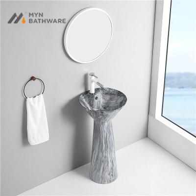 China Unique Casual Marble Stone Single Piece Hand Wash Good Price Design Pedestal Vanity Freestanding Basin Sink for sale