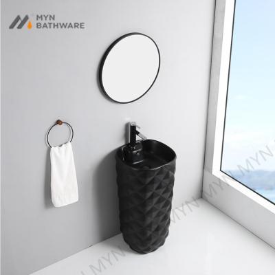 China Unique Design Hotel Sanitary Care Floor Stand Sink Basin Bathrooms Diamond Design Pedestal One Piece Hand Basin for sale