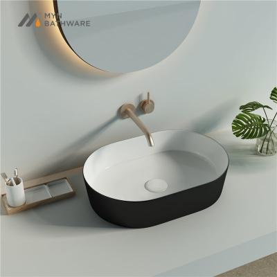 China Unique Sanitary Top Ceramic Matte Black White Bathroom Ware Fashion Design Color Art Double Basin for sale