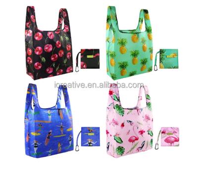 China Handled Collapsible Reusable Grocery Bags Cute Designs, Folding Shopping Tote Bag Fits In Pocket for sale