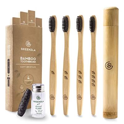 China Battery Operated Bamboo Toothbrush (4 Pack) with Travel Toothbrush Case and Charcoal Flosser | Eco Natural Bamboo Toothbrushe Set For Adults for sale