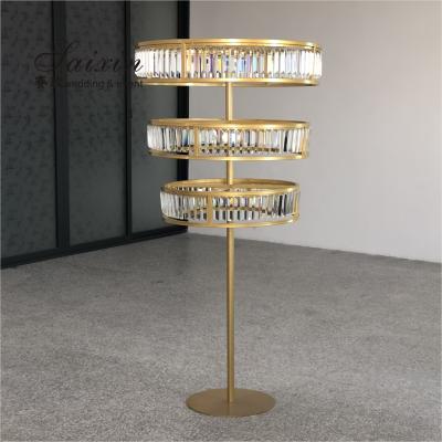 China Event Party Supplies Crystal Flower Stand Tall Wedding Decoration Centerpieces Gold Three Layers Wholesale for sale