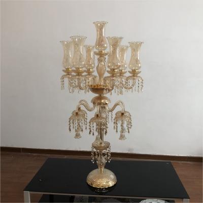 China Wedding New 1 AM Wedding Gorgeous Crystal Glass Champagne Gold Candelabra Decoration Table Centerpiece for sale