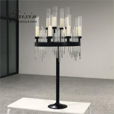 China Saixin Luxury Custom Tall Standing Black Metal Candelabra With Crystal Tube For Wedding Decoration for sale